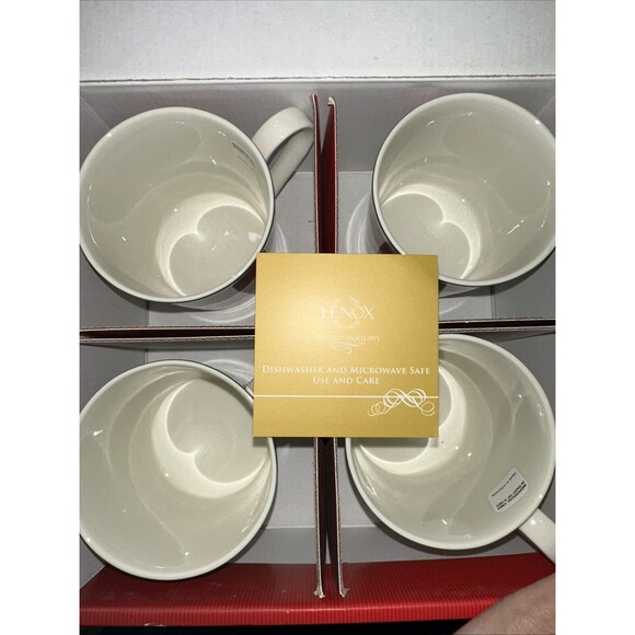 Lenox Holiday Red Coffee Mugs Set of 4 Red Rim Holly Berry Green Trim New In Box - Picture 2 of 5